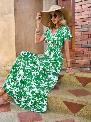 Women's Short Sleeve Plant Printed Dress