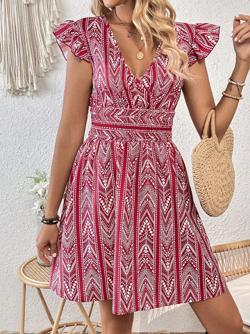 Women's Short Sleeve Stripe & Floral Print A-Line Dress With Shirred Waist Detail