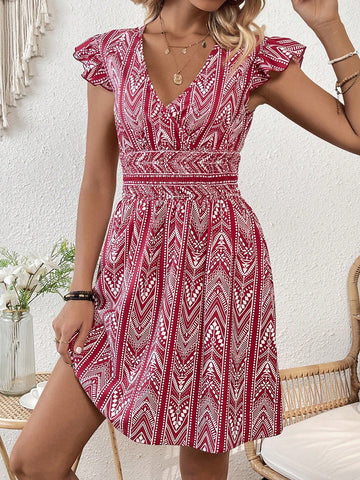 Women's Short Sleeve Stripe & Floral Print A-Line Dress With Shirred Waist Detail