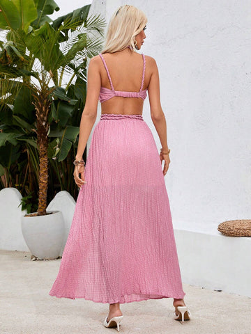 Women's Short Tiered Ruffle Halter Neck Cami Top And Side Slit Midi Skirt Two Piece Set