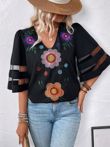 VCAY Women's Simple Daily Shirt With Floral Print