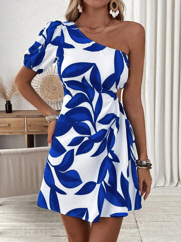 Women's Single Shoulder Cut-Out Leaf Print Dress With Waist Design