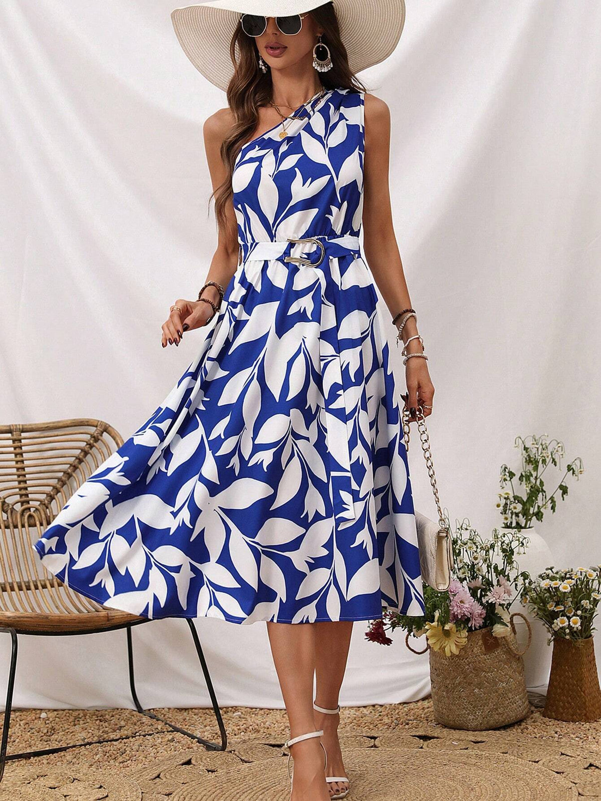 Women's Single Shoulder Sleeveless Dress With Plant Print