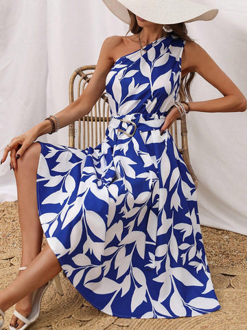 Women's Single Shoulder Sleeveless Dress With Plant Print