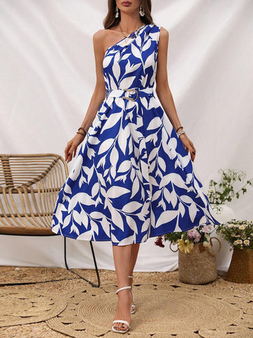 Women's Single Shoulder Sleeveless Dress With Plant Print