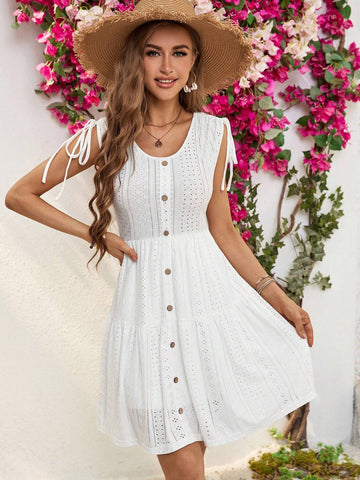 Women's Sleeveless Dress With Button Decoration And Ruffled Hem