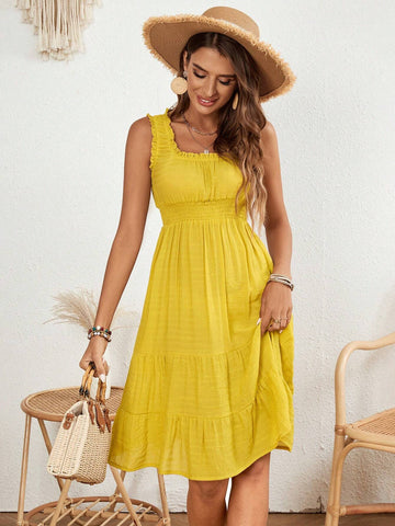 Women's Sleeveless Dress With Shirred Waist And Frill Trim