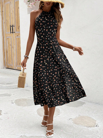 Women's Sleeveless Halter Neck Floral Print Dress