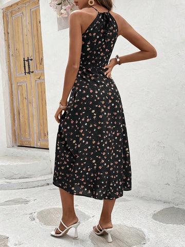 Women's Sleeveless Halter Neck Floral Print Dress