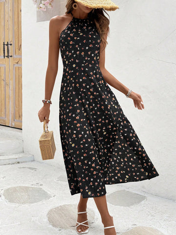 Women's Sleeveless Halter Neck Floral Print Dress