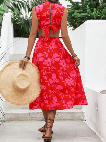 Women's Sleeveless Hollow Out Floral Print Dress