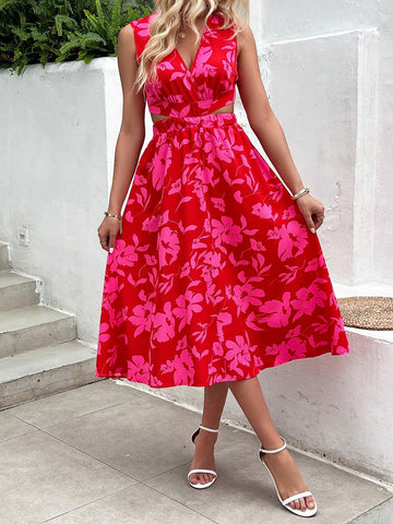 Women's Sleeveless Hollow Out Floral Print Dress