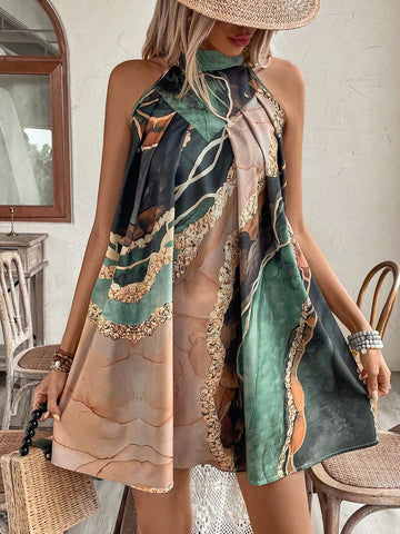 Women's Sleeveless Irregular Print Halter Neck Tie Waist Dress