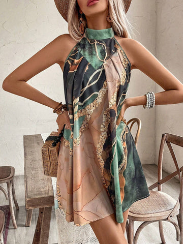 Women's Sleeveless Irregular Print Halter Neck Tie Waist Dress