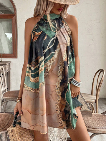 Women's Sleeveless Irregular Print Halter Neck Tie Waist Dress