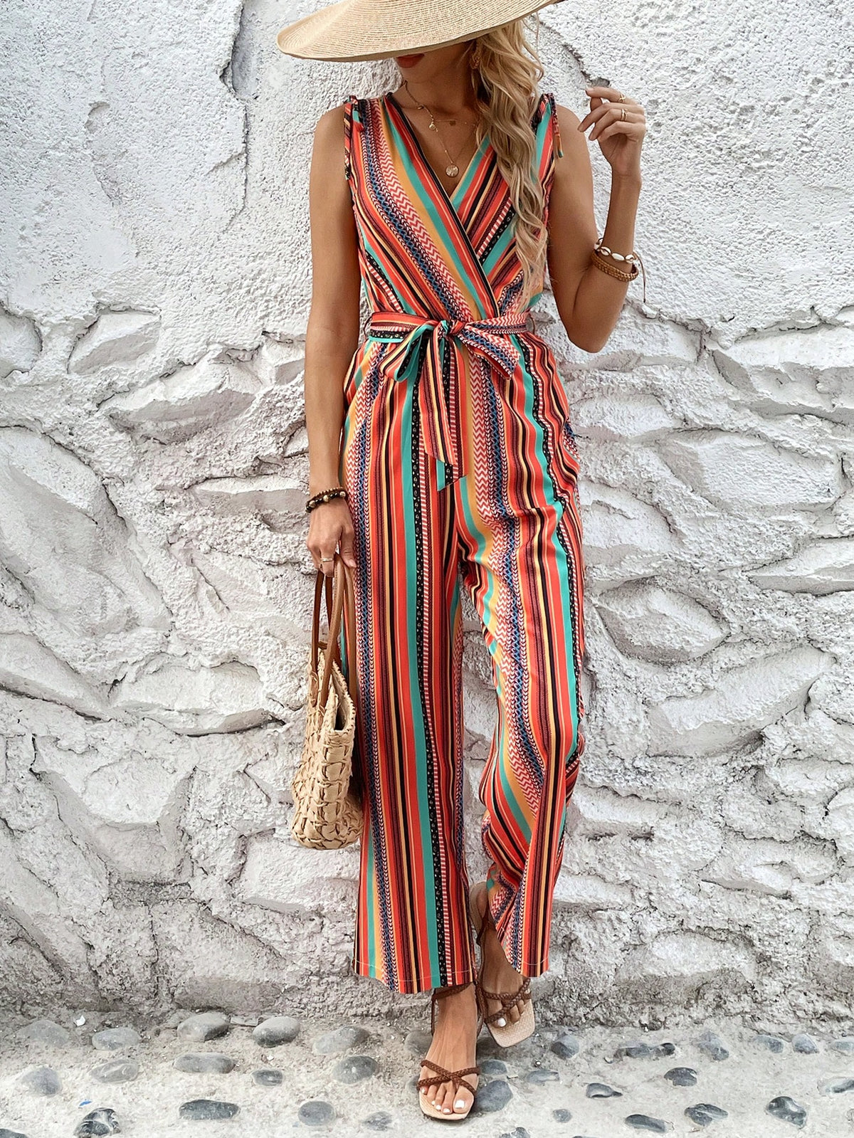 Women's Sleeveless Jumpsuit With All Over Print And Hidden Pockets