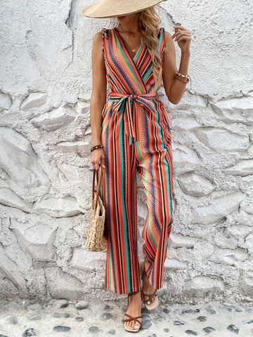 Women's Sleeveless Jumpsuit With All Over Print And Hidden Pockets