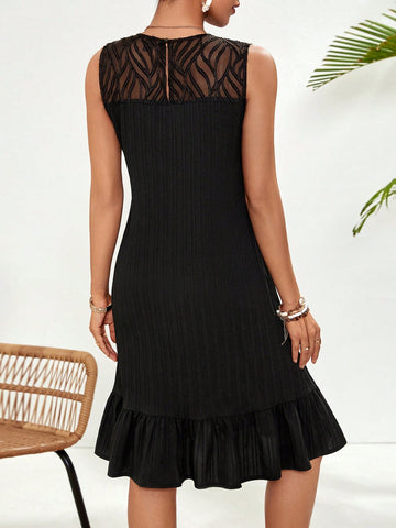 VCAY Women's Sleeveless Mesh Patchwork Black Dress
