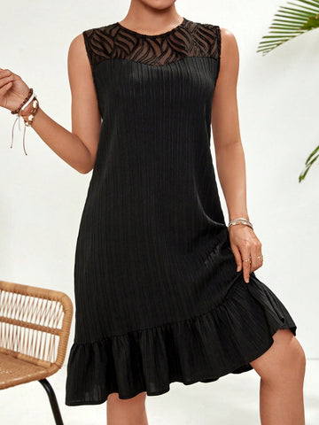 VCAY Women's Sleeveless Mesh Patchwork Black Dress