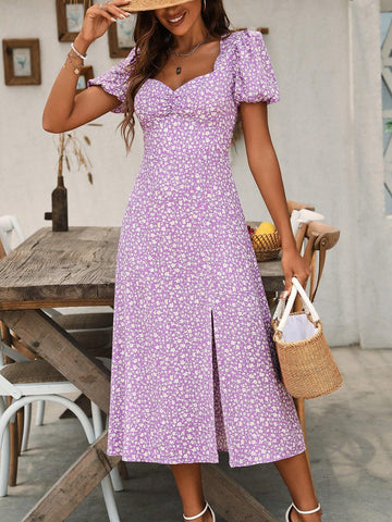 Women's Slim-Fit Puff Sleeve Ruched Bust Slit Hem Floral Summer Dress
