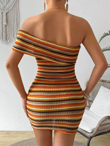 Women's Slim Fit Off Shoulder Striped Print Summer Dress
