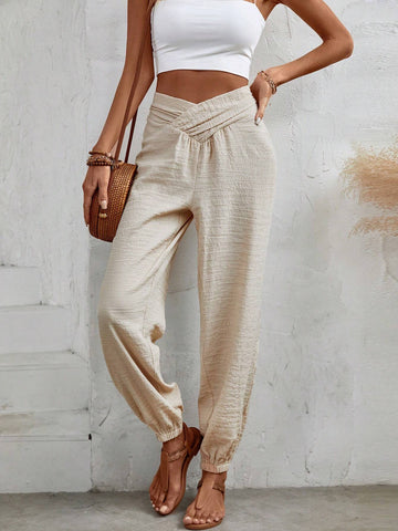 VCAY Women's Solid Color Asymmetrical Waist Tied Slim-Fit Jogger Pants