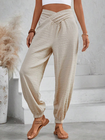 VCAY Women's Solid Color Asymmetrical Waist Tied Slim-Fit Jogger Pants