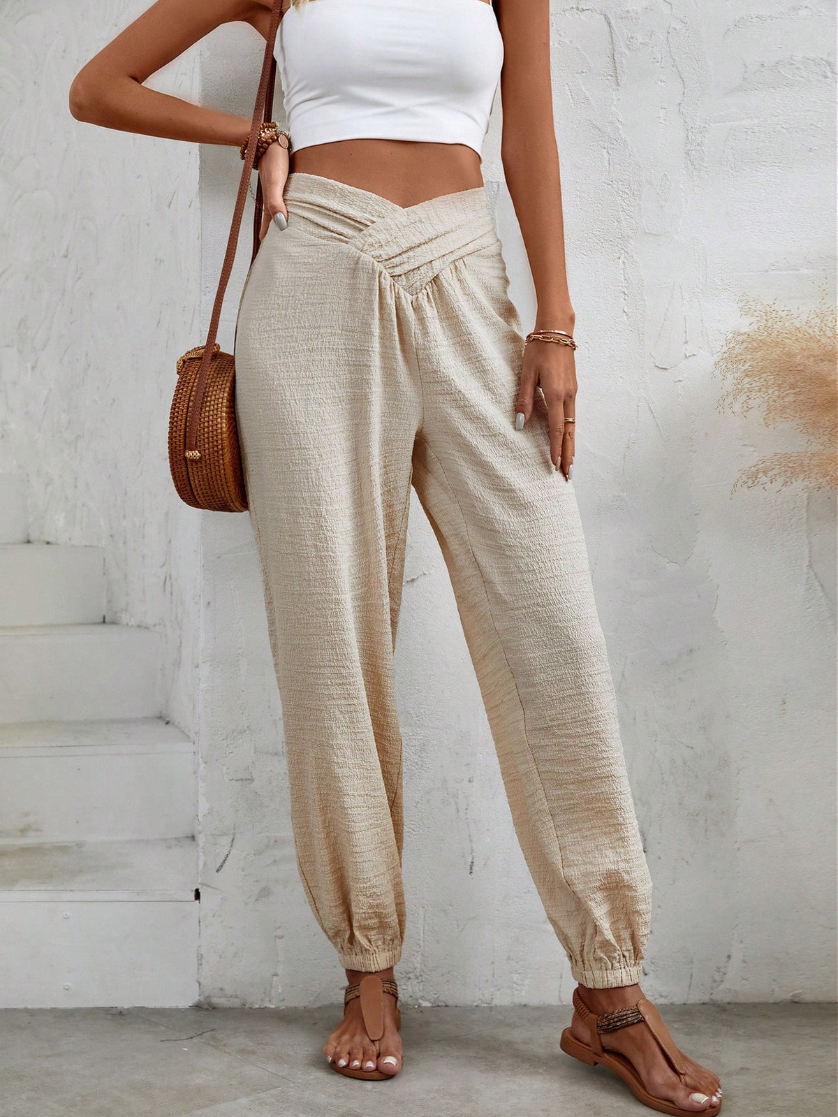 VCAY Women's Solid Color Asymmetrical Waist Tied Slim-Fit Jogger Pants