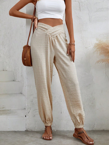 VCAY Women's Solid Color Asymmetrical Waist Tied Slim-Fit Jogger Pants