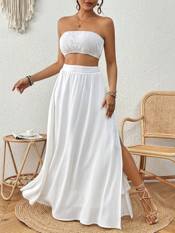 Women's Solid Color Bandeau Top And High Slit Maxi Skirt Two Piece Set