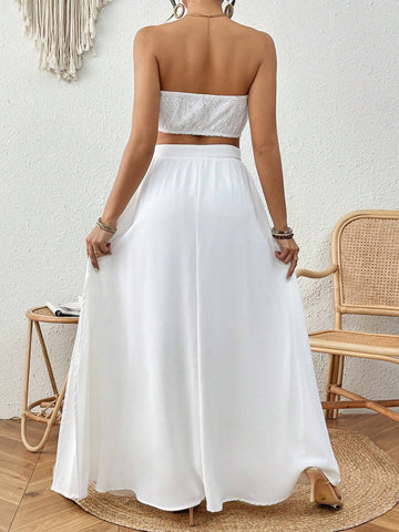 Women's Solid Color Bandeau Top And High Slit Maxi Skirt Two Piece Set