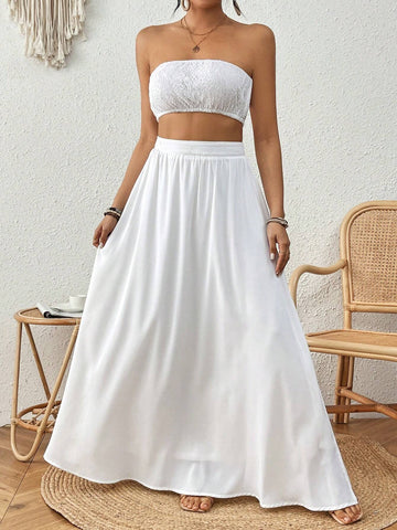 Women's Solid Color Bandeau Top And High Slit Maxi Skirt Two Piece Set