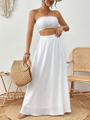 Women's Solid Color Bandeau Top And High Slit Maxi Skirt Two Piece Set