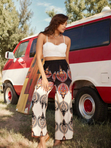 Women's Solid Color Camisole Top And Printed Pants Set