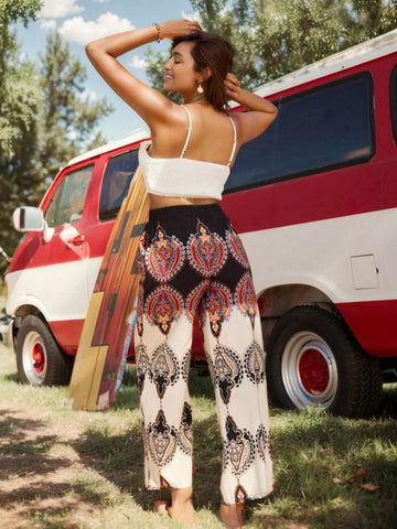 Women's Solid Color Camisole Top And Printed Pants Set