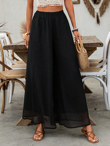 VCAY Women's Solid Color Casual Wide Leg Long Pants