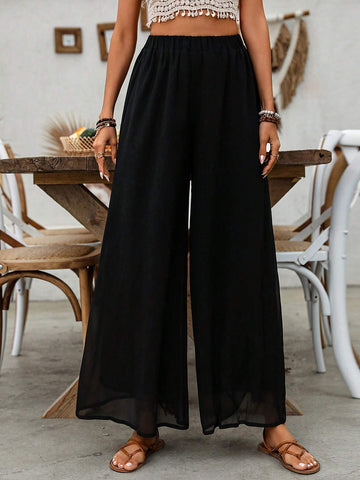 VCAY Women's Solid Color Casual Wide Leg Long Pants