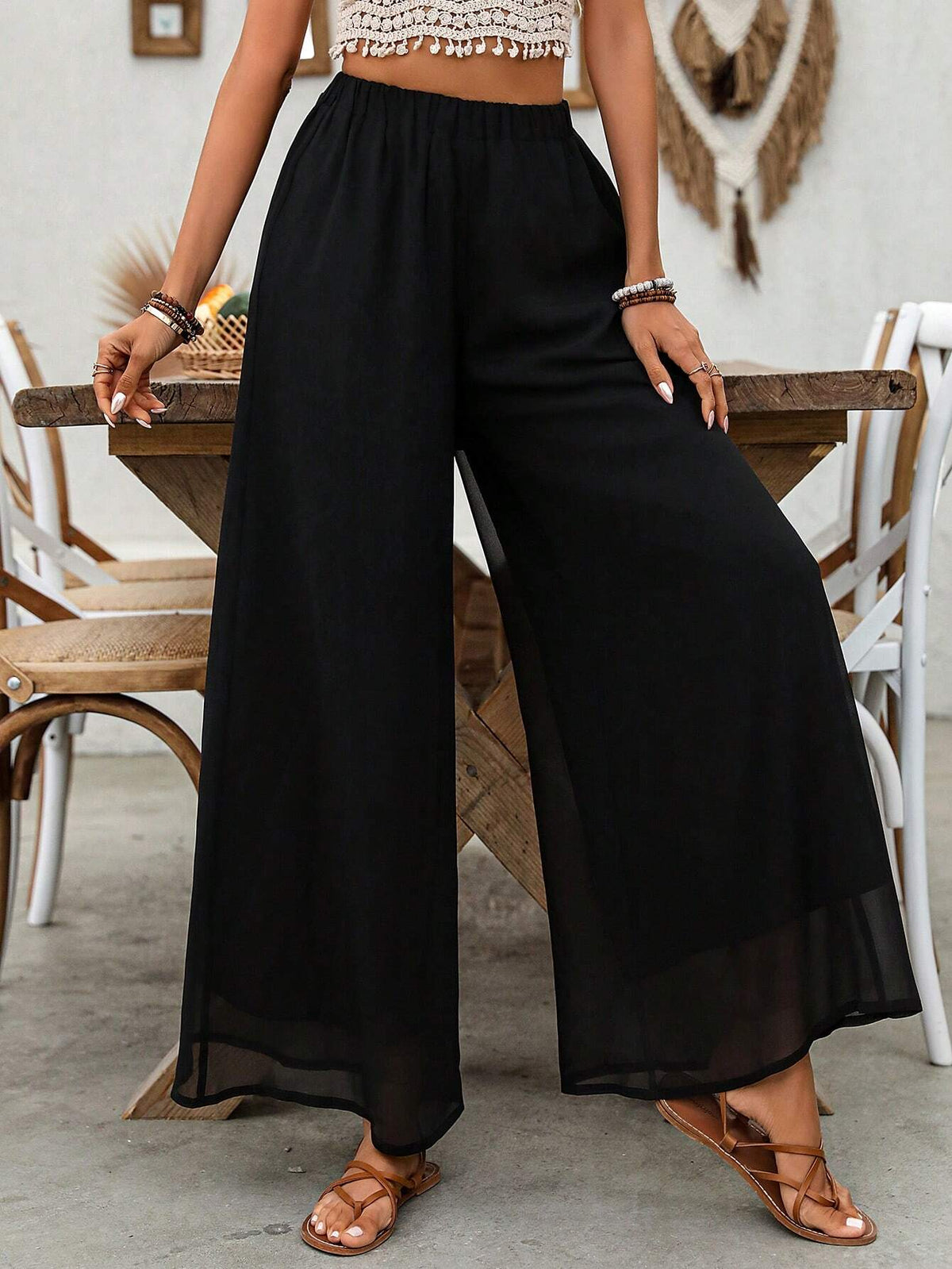 VCAY Women's Solid Color Casual Wide Leg Long Pants