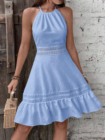 Women's Solid Color Contrast Lace Backless Sleeveless Halter Dress For Vacation