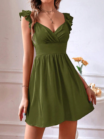 Women's Solid Color Diamond Collared Sleeveless Simple Ruched Casual Short Dress