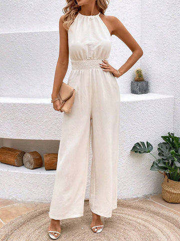 Women's Solid Color Halter Neck And Waist Tie Jumpsuit