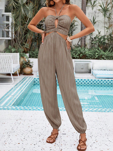Women's Solid Color Halter Neck Cutout Waist Belted Jumpsuit