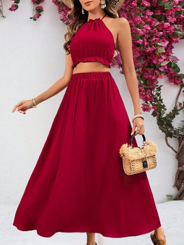 Women's Solid Color Halter Top And Skirt Set, Holiday Style