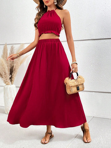 Women's Solid Color Halter Top And Skirt Set, Holiday Style