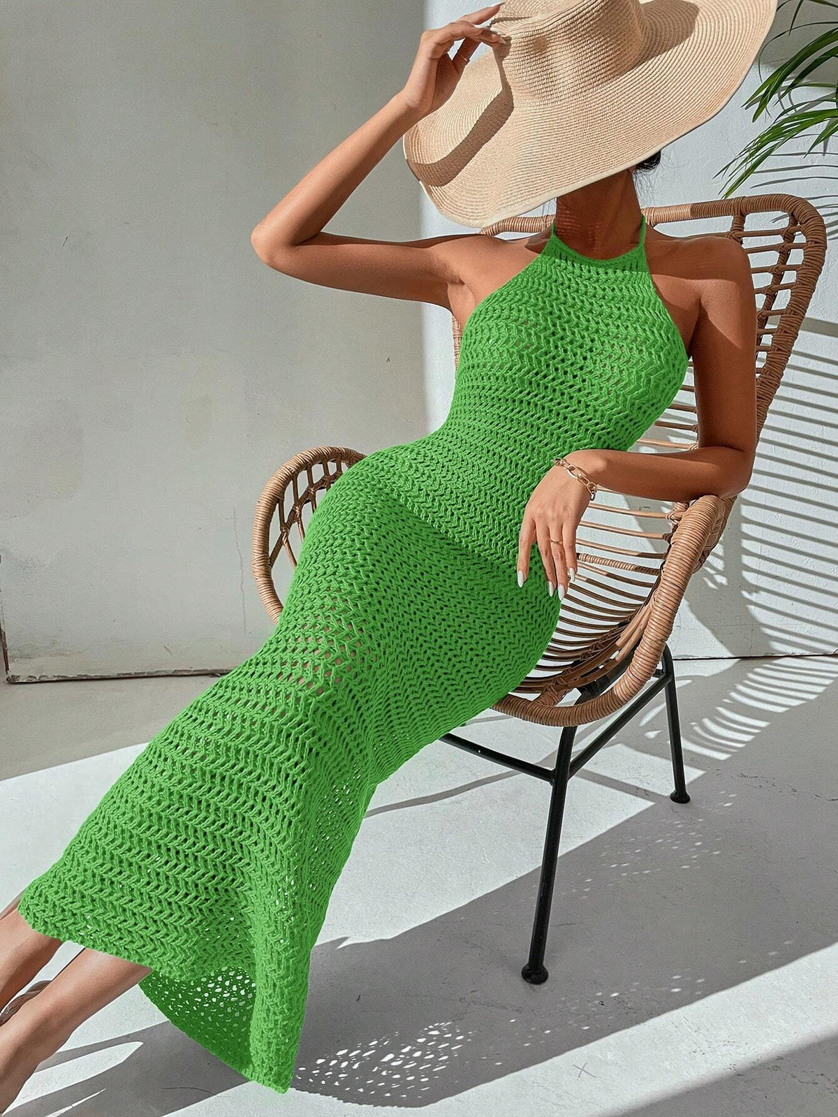Women's Solid Color Hollow-Out Bodycon Dress With Deep V-Neck Backless Design For Vacation