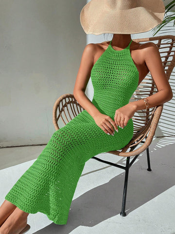 Women's Solid Color Hollow-Out Bodycon Dress With Deep V-Neck Backless Design For Vacation
