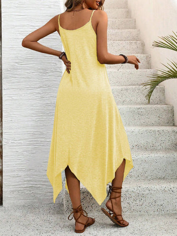 Women's Solid Color Irregular Hem Beach Casual Cami Dress, Summer