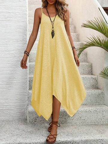 Women's Solid Color Irregular Hem Beach Casual Cami Dress, Summer