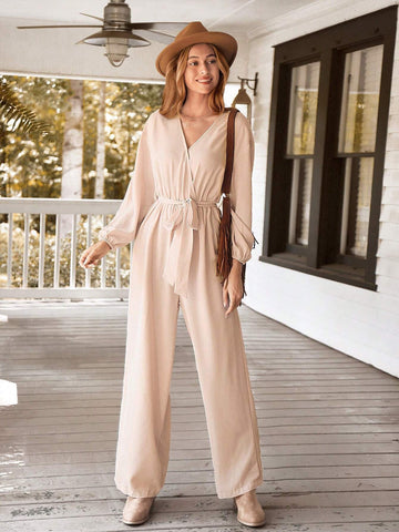 Women's Solid Color Lace-Up Long Sleeve Casual Jumpsuit,Halloween Costumes Adults,Thanksgiving Women Outfit,Fall Women Outfits,Winter Women Dress,Long Sleeve Jumpsuit
