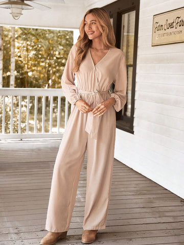 Women's Solid Color Lace-Up Long Sleeve Casual Jumpsuit,Halloween Costumes Adults,Thanksgiving Women Outfit,Fall Women Outfits,Winter Women Dress,Long Sleeve Jumpsuit